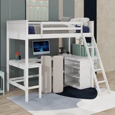 a white loft bed with a desk underneath it and stairs leading up to the top