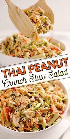 thai peanut crunch slaw salad in a white bowl