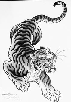 a black and white drawing of a tiger