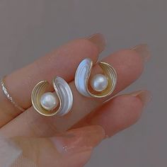 Freshwater Pearl Stud White Pearl 14K Gold U Shape Earrings with Silver Pin Pearl Earrings The Pearl Vogue, Luxury Pearl White Pierced Pearl Earrings, Beautiful Stud Earrings, Mother Of Pearl Jewelry, Silver Pin, Real Pearls, Pearl Types, Pearl Shell, Pearl Stud Earrings