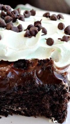 a close up of a piece of cake with chocolate chips on it and frosting