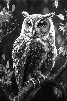 an owl sitting on top of a tree branch with leaves around its neck and eyes