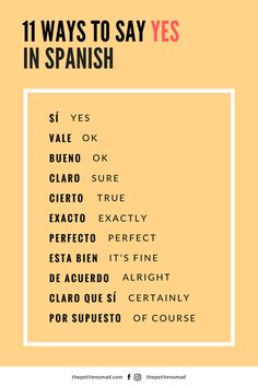 an orange and yellow poster with words that say 11 ways to say yes in spanish