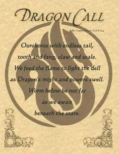 an advertisement for dragon call, which is on the back of a card with words below it