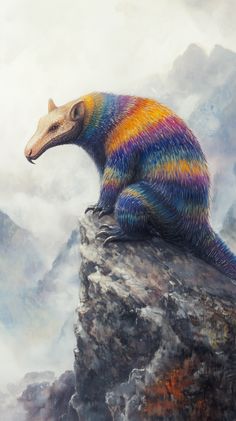 a painting of a colorful animal sitting on top of a rock with mountains in the background