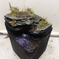 two rocks with plants growing out of them, sitting on top of each other in front of a white wall