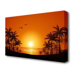 an orange sunset with palm trees and birds flying in the sky over the ocean,