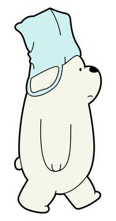 a polar bear with a blue hat and glasses on it's head is walking