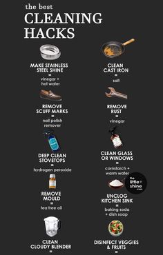 the best cleaning hacks for your kitchen and dining room - info poster on black background