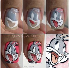 Valentines Nails Cartoon, Bugs Bunny Nail Art, French Bulldog Nails, Cartoon Characters Nails, Bugs Bunny Nails, Nails Drawing Ideas, Character Nail Art Step By Step