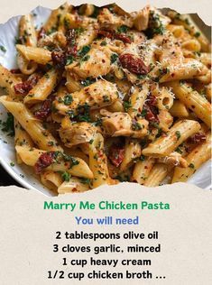 a recipe for chicken pasta in a white bowl