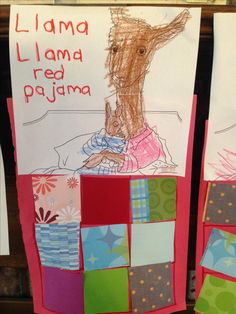 a child's artwork is hanging on the wall next to a sign that says llama llama reg pajama