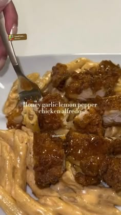 someone is eating some pasta with meat and sauce on the side, while holding a fork in their left hand