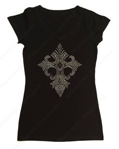 "This is for New Women's Fitted T-Shirt embellished with \" Black Diamond Cross \" made in Rhinestones with a choice of V-Neck in Cap Sleeve or Long Sleeve Styles or Ribbed Razorback Tank Top. V-Neck in Cap Sleeve and Long Sleeve Styles Attributes are as follows: Made of 95% Cotton and 5% Spandex; Light Weight Combed Cotton Build to Stretch. Size Specifications for V-Neck in Cap Sleeve and Long Sleeve Styles are as follows: Small: Width 15\" X Length 25\" Medium: Width 16\" X Length 26\" Large: Fitted Black T-shirt With Rhinestones, Fitted Black Embellished T-shirt, Black Crew Neck T-shirt With Rhinestones, Roblox Shirt, Diamond Cross, Clothing Essentials, Blue Rhinestones, Cap Sleeve, Black Diamond