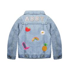 Customize this denim jacket with your name and patches; make it uniquely yours! Jacket comes with 5 patches of your choice and chosen name in white chenille patch letters backed with gold glitter. Patches will be randomly placed unless otherwise specified.  Here's what to do: 🏍Choose Your patches 🏍List the Name you would like LIST THE ABOVE IN THE NOTES TO SELLER BOX AT CHECKOUT!  Please message us.*Our current processing time for most items is 5-7 business days + shipping time. We are not responsible for USPS delays and cannot guarantee any delivery dates Customizable Denim Outerwear For Fall, Customizable Denim Jacket, Customizable Denim Jacket For Fall, Trendy Denim Jacket With Embroidered Patch, White Winter Outerwear With Letter Patch, Trendy Customizable Long Sleeve Denim Jacket, Customizable Long Sleeve Denim Outerwear, Customizable Long Sleeve Denim Jacket, Patch Jean Jacket