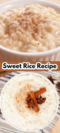 rice pudding in a white bowl with cinnamon on top and the words rice pudding above it