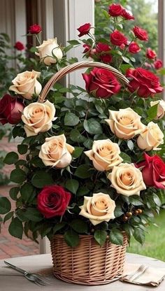 a basket filled with roses sitting on top of a table