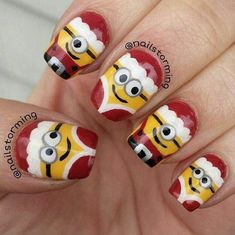 Minion Nail Art, Christmas Nail Designs Easy, Minion Nails, Minion Christmas, Santa Nails, Kutek Disney