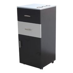 a black and white cabinet with two drawers on it's front end, against a white background