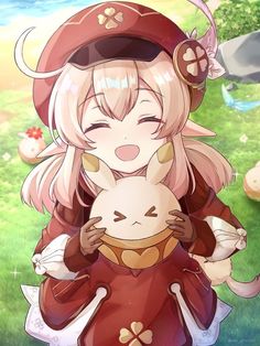 an anime character holding a cat in her hands and wearing a red outfit with gold accents