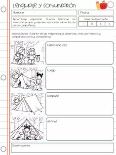 the worksheet for language and communication, with pictures of people in camping tents