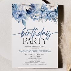 a birthday party card with blue flowers on it