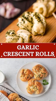 garlic crescent rolls on a white plate next to some dipping sauce and other food items