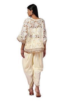 Lemon yellow kaftan with resham, tassel, thread, sequin embroidery in floral cutwork pattern. Paired with bustier and dhoti pant. - Aza Fashions White Traditional Sets With Tassels, Traditional White Sets With Tassels, Traditional Kaftan With Tassels, Traditional Drape Sets With Tassels For Eid, White Sets With Tassels For Festivals, Designer Salwar Kameez With Tassels For Navratri, Festive Palazzo Set With Tassels For Navratri, Festive Bollywood Kurta With Tassels, Traditional Palazzo Set With Tassels