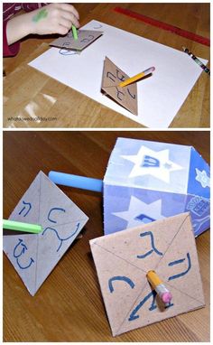 two pictures showing how to make an origami kite with paper and crayons