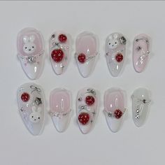 Cute Nails Strawberry, Strawberry Almond Nails, Miffy Nail Art, Wedding Nails Chrome, Gel Nails Floral, Aesthetic Gel Nails, Nails Rabbit, Picnic Nails, Rabbit Nails