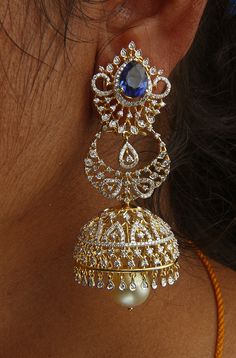 18 karat gold '3 in 1' detachable diamond jhumkas - diamond dangle earrings with color stones & south sea pearls
  width of the jhumka : 1.05 inches
  this product has three inter changeable stones in the earrings
  
  note: only the front side has diamonds as shown in the picture, the back part of the jhumka which is not visible from the front is only gold without diamonds


introducing our exquisite 18 karat gold '3 in 1' detachable diamond jhumkas - diamond dangle earrings with colo Luxury Diamond Jhumkas In Traditional Style, Luxury Diamond Jhumkas For Gift, Luxury Fusion Style American Diamond Jhumkas, Diamond Jhumkas, Rose Gold Wedding Jewelry, Jewellery Board, South Indian Jewelry, Traditional Earrings, Color Stones