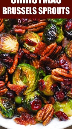 brussel sprouts with pecans and cranberries in a white bowl