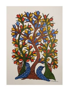 two birds sitting on the branches of a tree, with leaves and flowers all around them