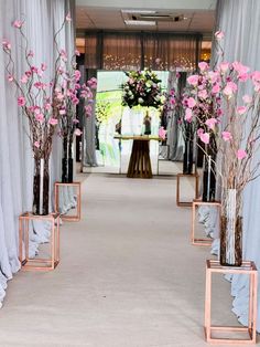 pink flowers are in vases lined up on either side of the entrance to an event