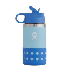 a blue and white water bottle with a handle