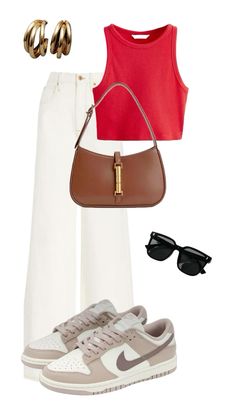 Red Top Outfit Aesthetic, Beige Bag Outfit, Brown Outfit Aesthetic, Red Top Outfit, Summer Aesthetic Outfit, Casual Chic Summer, Top Sunglasses, Red Crop Top, Handbag Outfit