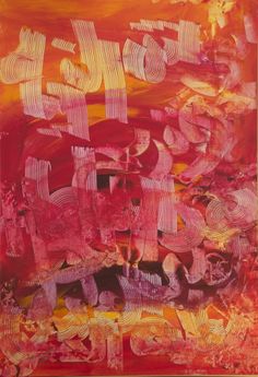 an abstract painting with red and yellow colors on it's sides, including the words f