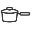 a black and white drawing of a pot with a spoon on it's side