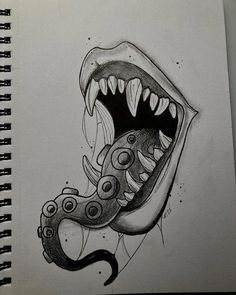 a pencil drawing of an octopus with its mouth open and teeth wide open to the side