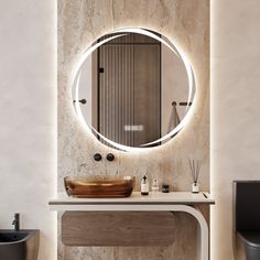 a bathroom with a round mirror above the sink