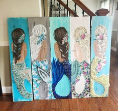 four mermaid canvass with different designs on them