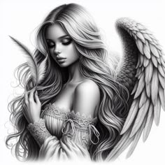 a drawing of a woman with long hair and angel wings