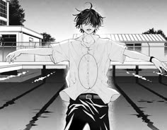 an anime character is standing in the middle of a pool with his arms spread out