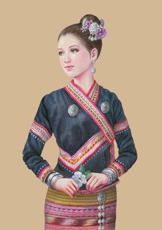 Tribe Illustration, Vikram Betal, Art Romance, Myanmar Art, Traditional Thai Clothing, Thailand Art, Burmese Clothing, Thai Traditional Dress, Myanmar Dress