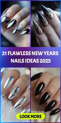 Fun New Years Nails, Goth New Years Nails, Silver And Black Nails Ideas, New Years Eve Nails Ideas Classy, New Years Nails Ideas, Graphic Nail Art, New Year's Eve Nails, Holiday Manicure, New Years Nails