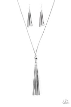 A trio of ornate silver beads give way to a gray suede tassel knotted at the bottom of a lengthened strand of gray suede for an earthy flair. Features a knotted closure. Sold as one individual necklace. Includes one pair of matching earrings. Pink Jewels, Mobile Boutique, Suede Tassel, Paparazzi Accessories, Paparazzi Jewelry, Green Necklace, Hold Me, Love Is Free, Gray Suede