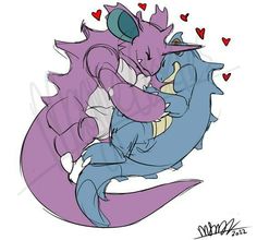 a drawing of two different types of pokemons, one is hugging and the other has hearts