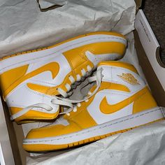 Worn Twice, But One Shoe Easily Creased.. Like Brand New ! Yellow Jordan Shoes With Cushioned Footbed, Yellow Synthetic Jordan Sporty Shoes, Yellow Lace-up Leather Jordan Shoes, Yellow Mid-top Jordan Shoes For Streetwear, Yellow Synthetic Jordan Shoes, Womens Jordans, Jordan Shoes, Womens Shoes Sneakers, Shoes Sneakers