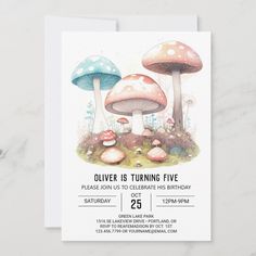 a birthday party card with mushrooms on it