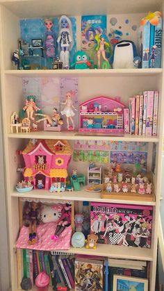 a book shelf filled with lots of toys